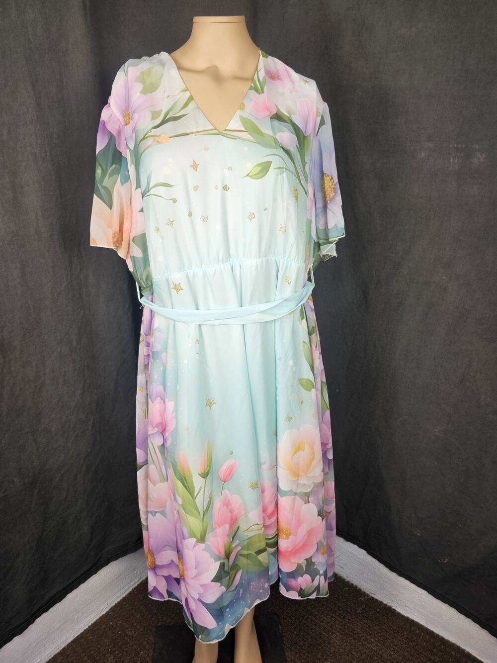 Vintage Floral Chiffon Maxi Dress Size 18 Pastel Pink Blue V-Neck Wedding Guest